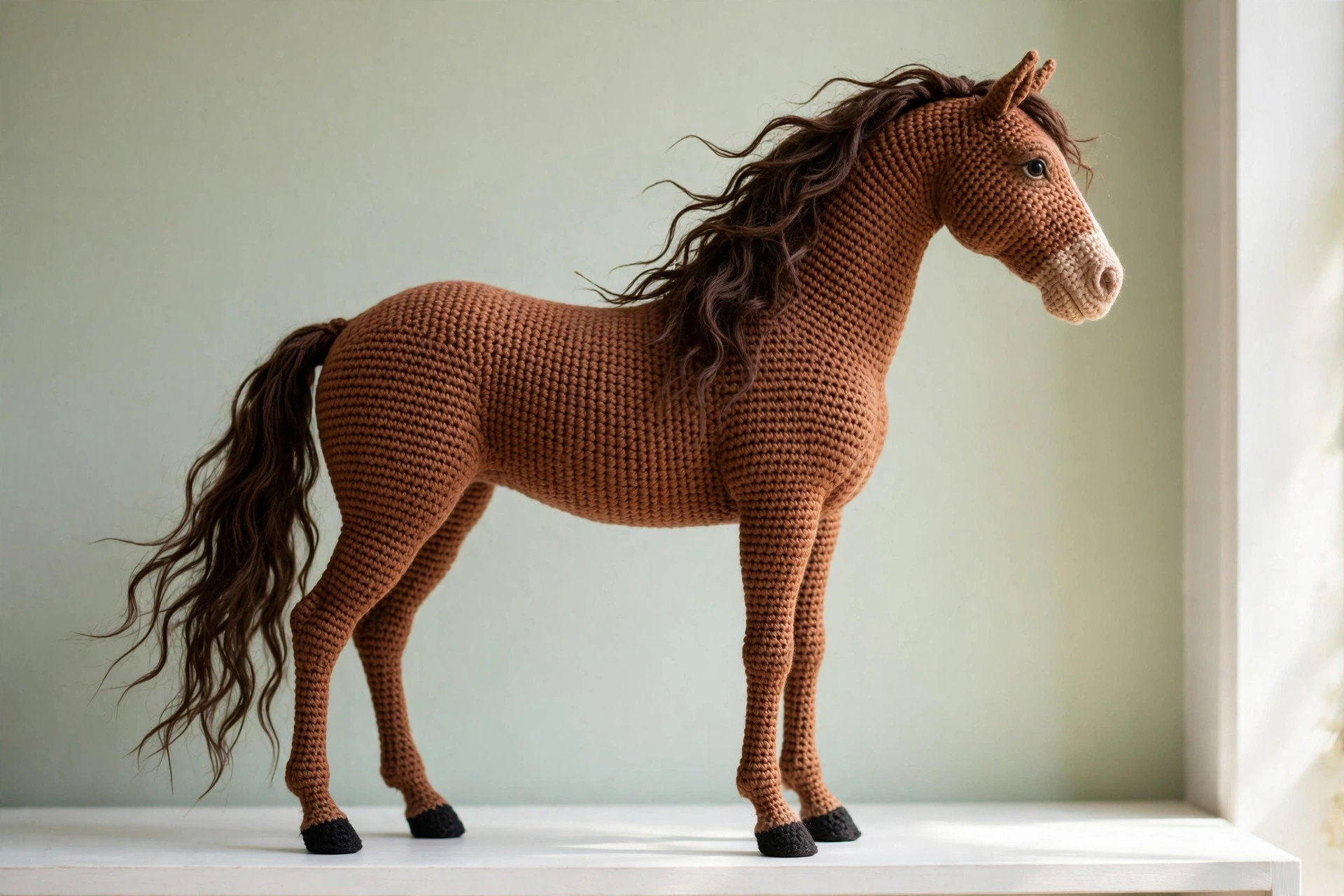 Side profile of realistic crochet horse showing lifelike proportions, flowing mane and tail — free pattern