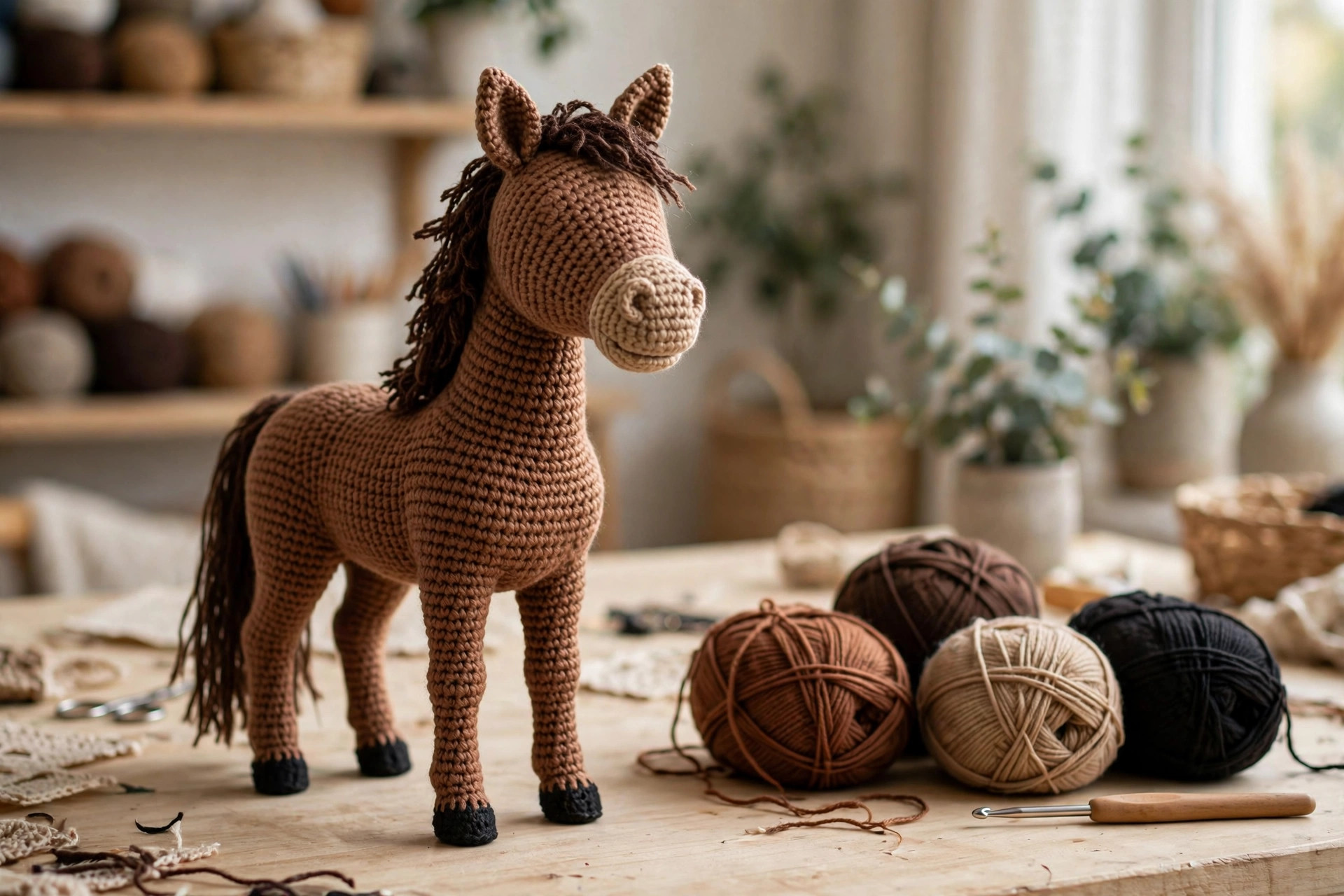 Finished realistic crochet horse with chestnut, dark brown, tan and black yarn balls and crochet hook