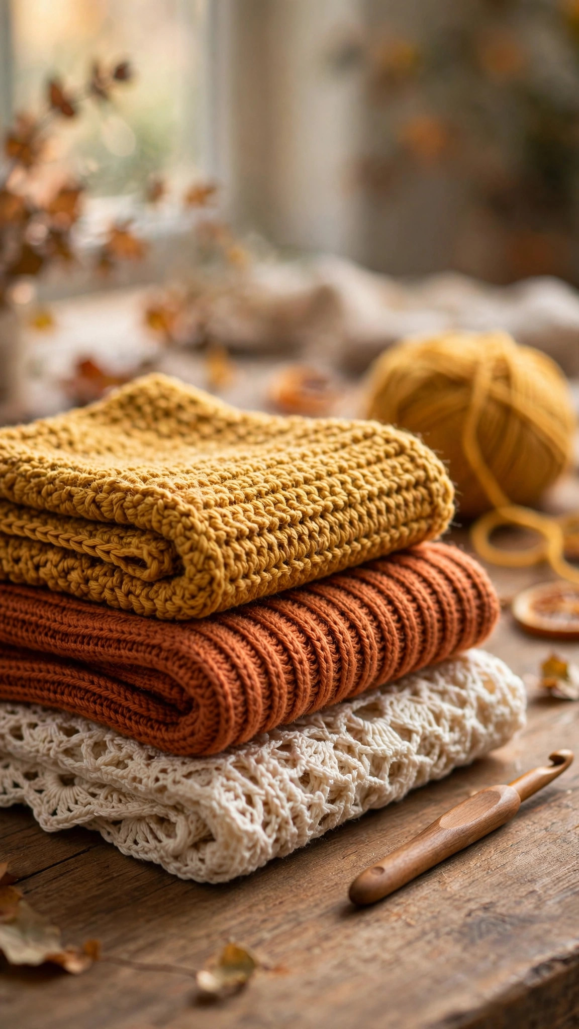 Free crochet scarf patterns for beginners — three finished scarves in mustard, terracotta and cream stacked on a wooden table with a crochet hook