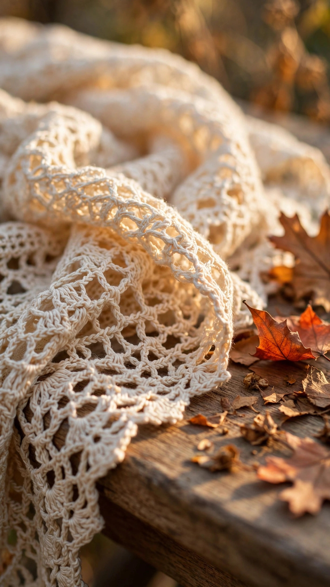 Close-up of cream lacy openwork crochet scarf showing delicate chain-stitch mesh texture with autumn leaves
