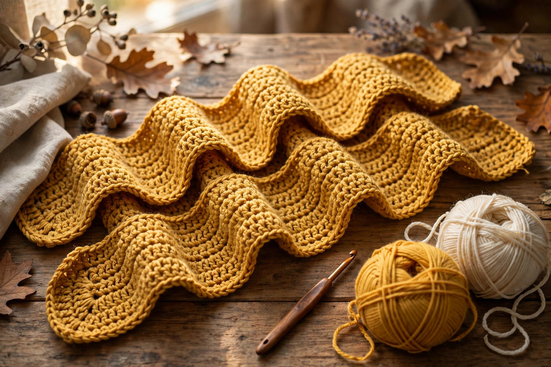 Mustard-yellow double-crochet beginner scarf laid in soft waves on a wooden table with a crochet hook and yarn balls