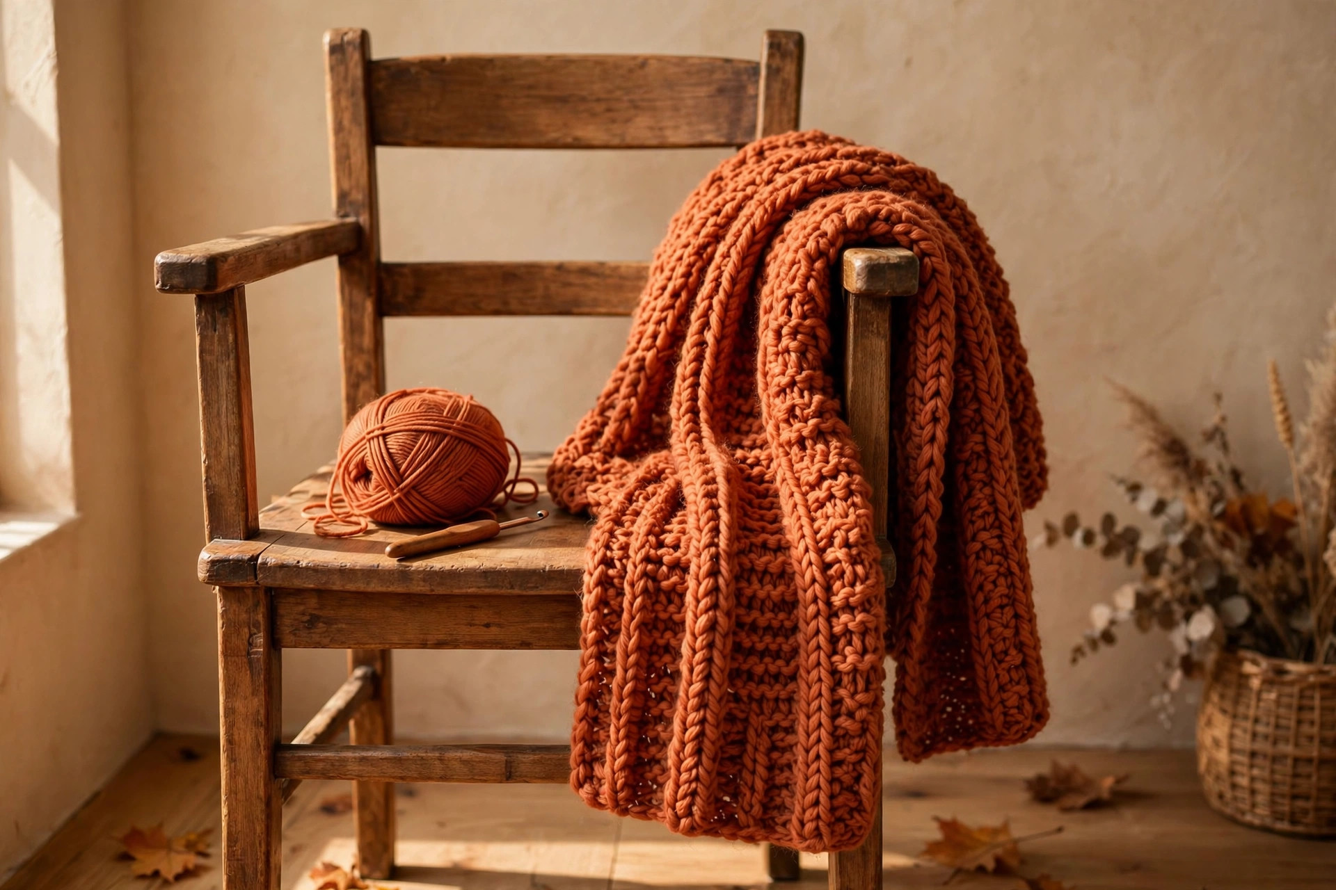 Terracotta ribbed crochet scarf with knit-look texture draped over a wooden chair with a ball of yarn