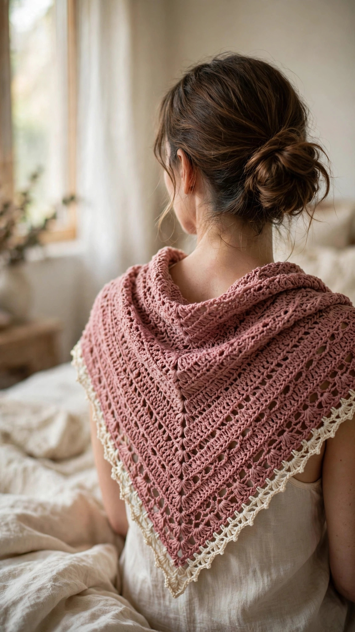 Free crochet shawl pattern — dusty rose lace triangle shawl with cream picot edging worn draped over shoulders