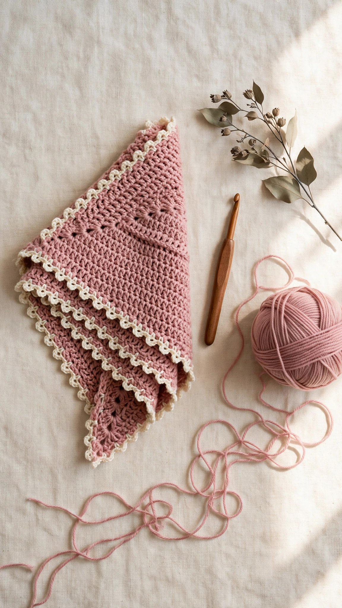 Folded dusty rose crochet triangle shawl with cream picot edging, wooden crochet hook, ball of pink yarn and dried eucalyptus on cream linen — free crochet shawl pattern