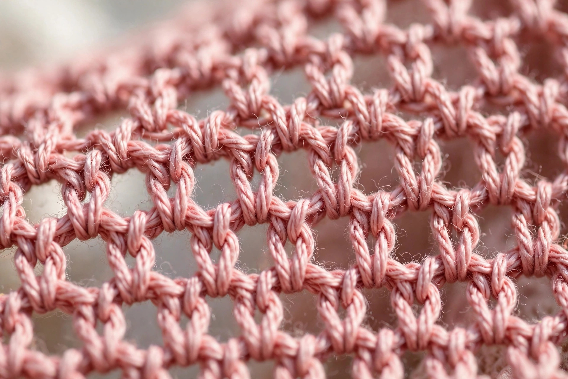 Close-up macro of dusty rose crochet V-stitch lace showing open lacy double-crochet texture