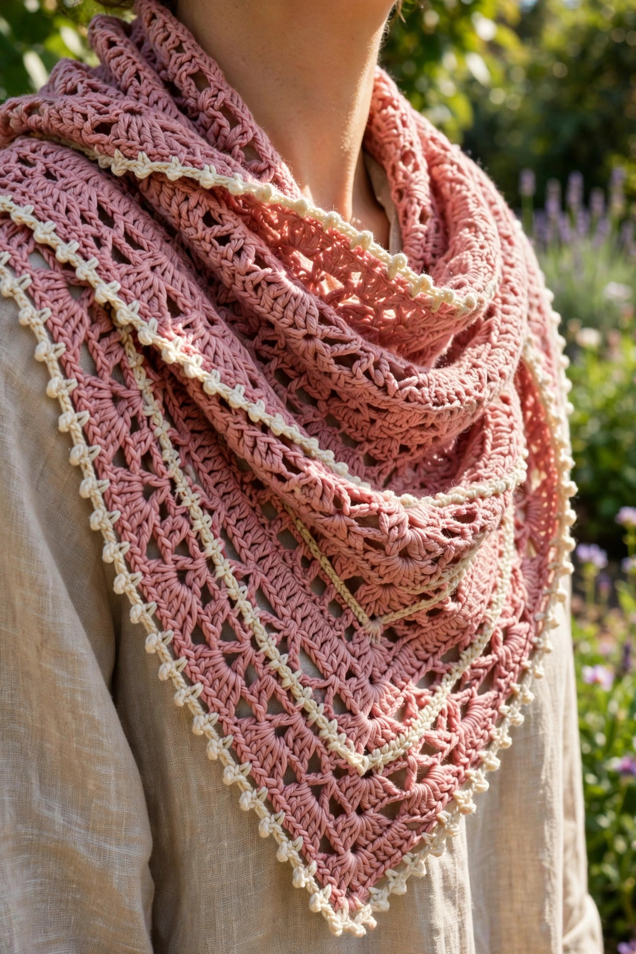 Woman wearing the dusty rose crochet triangle shawl wrapped around her shoulders in a sunlit garden