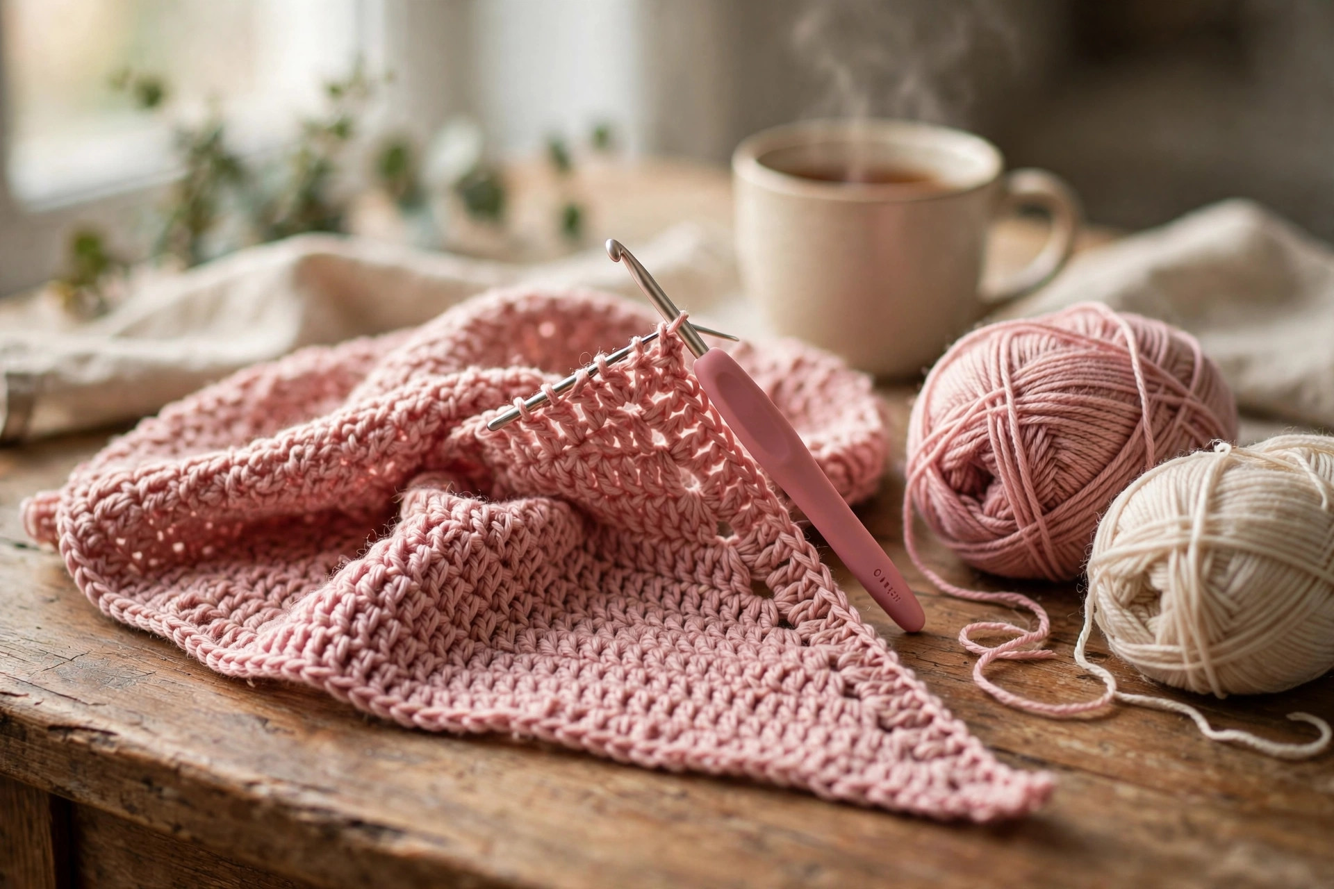 Half-finished dusty rose crochet shawl with hook in the last stitch, pink and cream yarn balls and a cup of tea on a wooden table