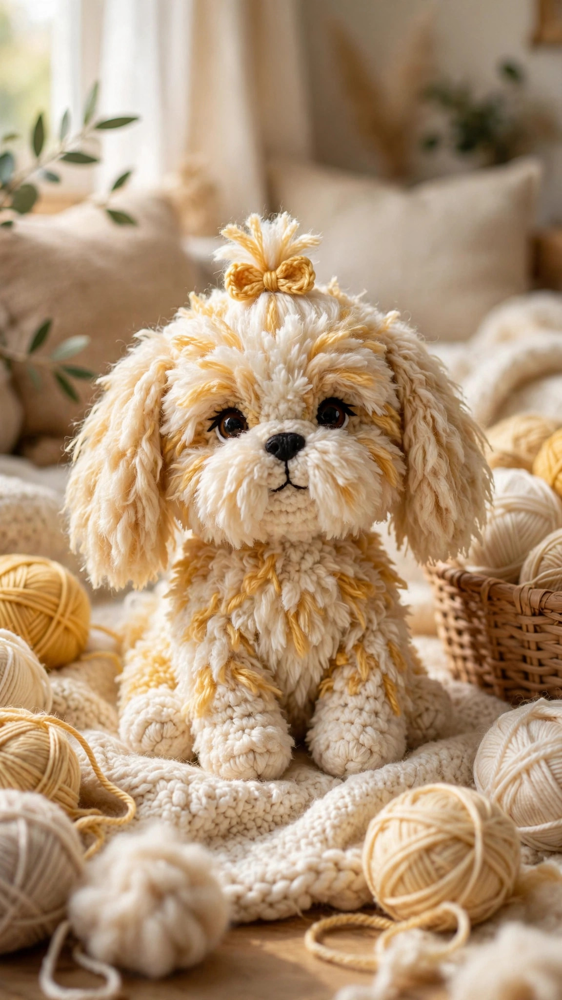 Fluffy shih tzu crochet pattern amigurumi dog with cream and gold coat, long brushed ears and bow topknot