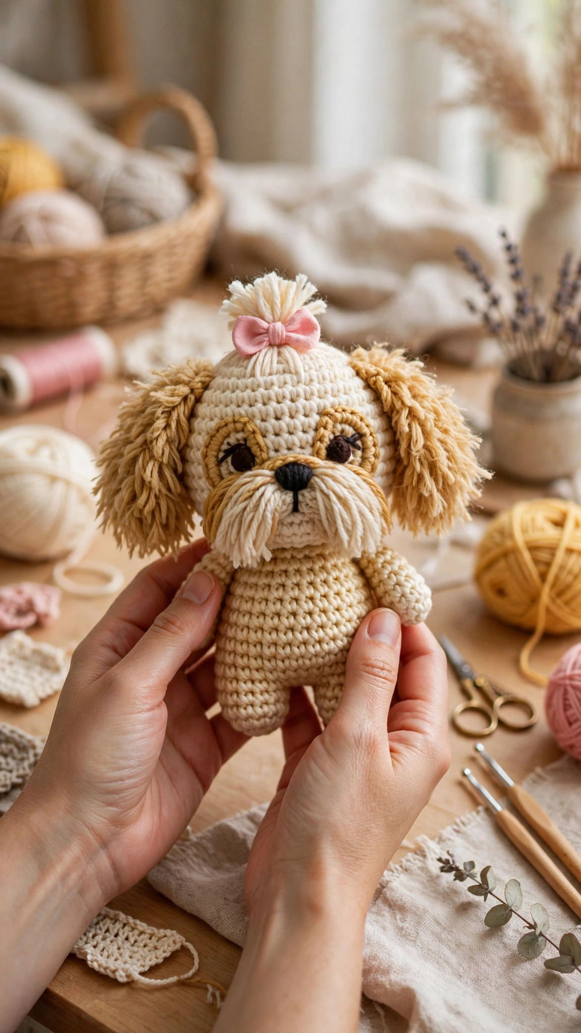 Handmade crochet shih tzu dog amigurumi in cream and gold yarn held in hands above a craft table