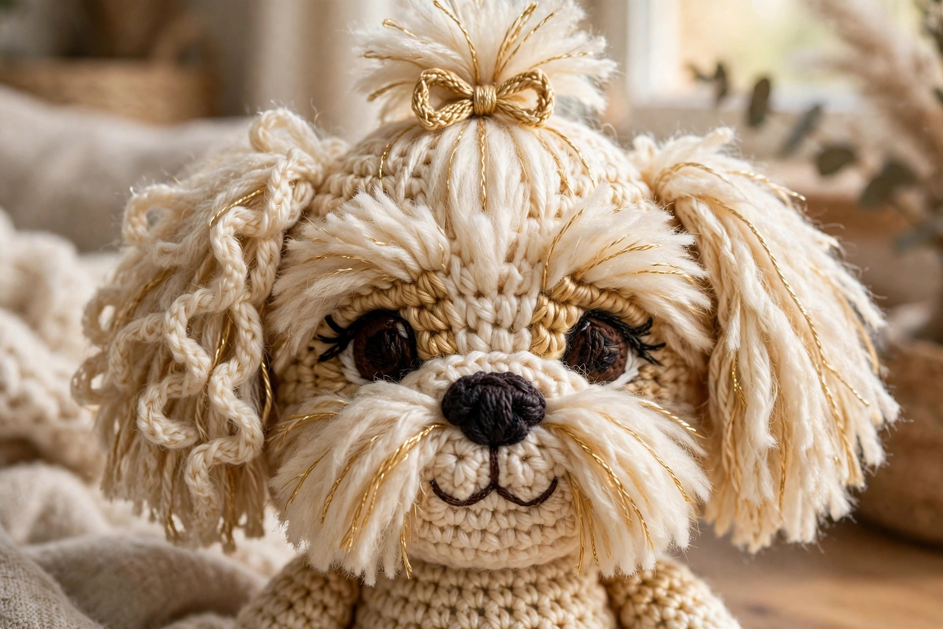 Close-up detail of a crochet shih tzu dog face with fluffy ears, dark nose, embroidered mouth and bow topknot