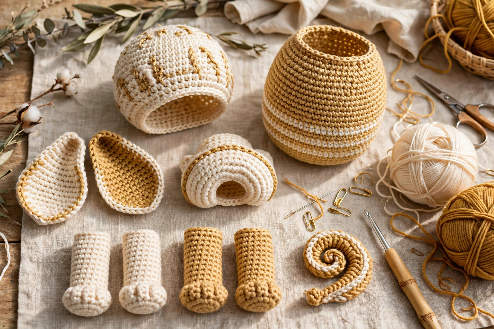 Crochet shih tzu dog pieces laid out ready for assembly with head, body, ears, legs and tail in cream and gold yarn