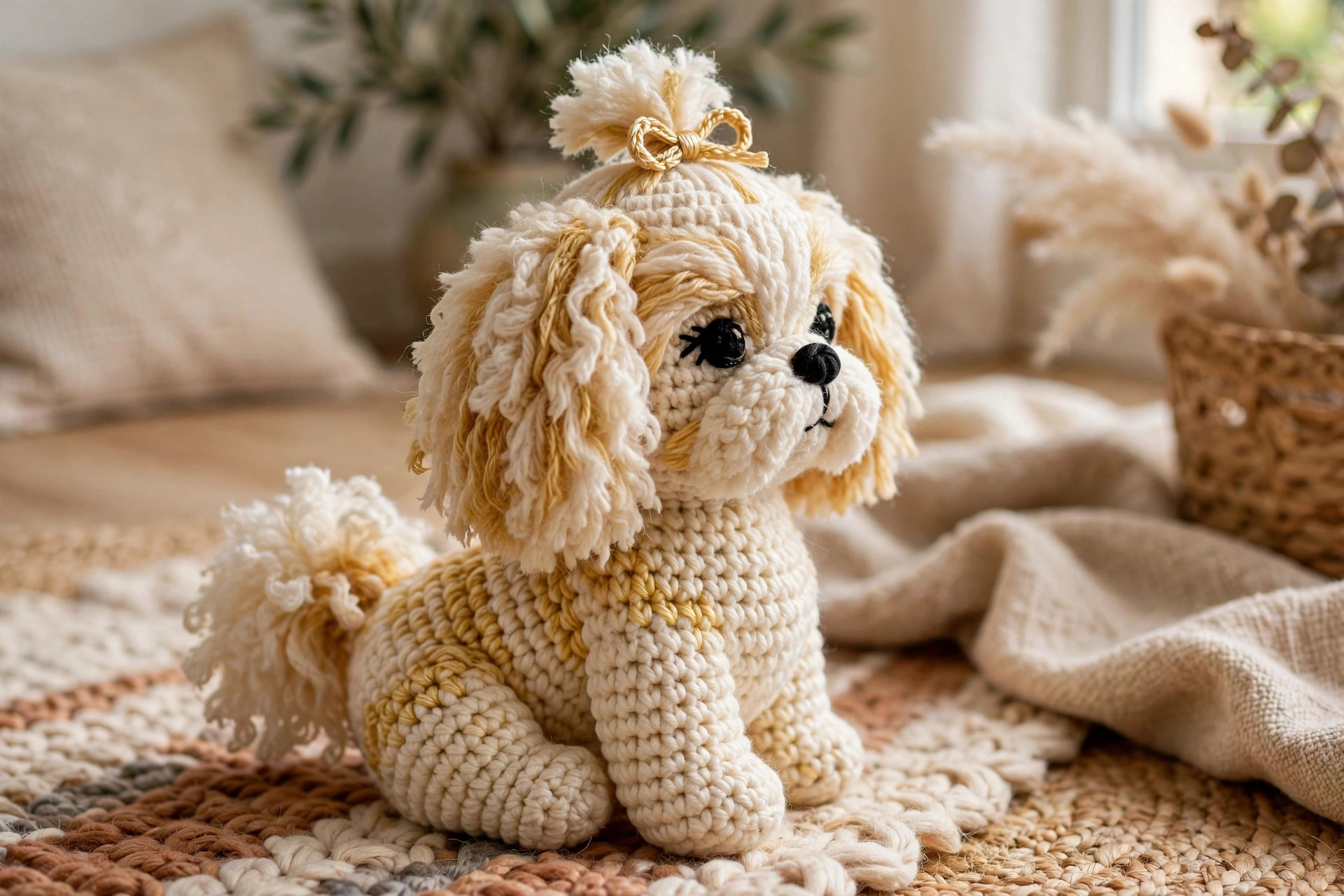 Side view of a finished crochet shih tzu dog toy showing fluffy ears, brushed tail and sitting pose