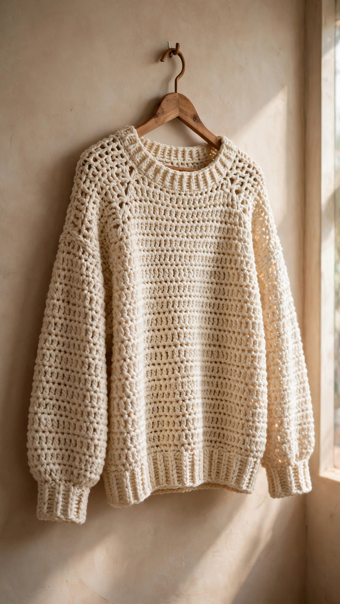 Simple crochet sweater pattern: handmade cream crochet pullover on a wooden hanger