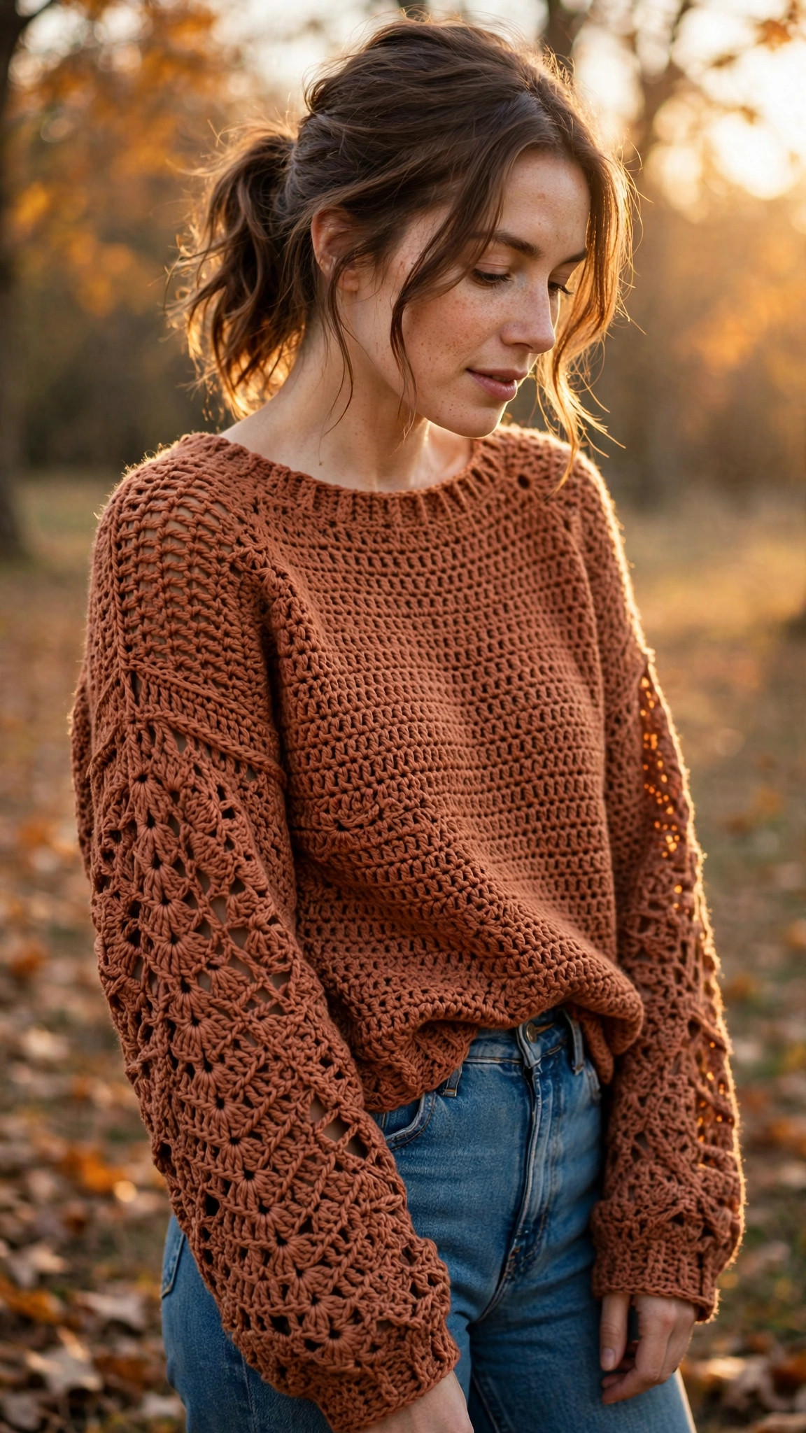 A woman wearing a handmade simple crochet sweater in warm terracotta yarn styled with jeans in soft autumn light, simple crochet sweater pattern