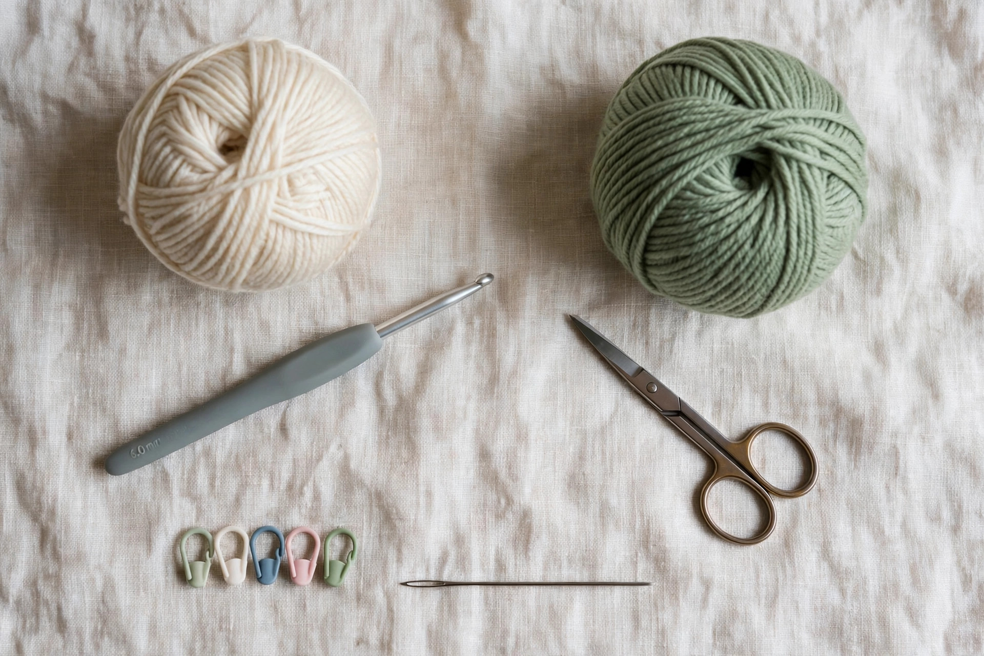 Flat lay of cream and sage yarn balls, a crochet hook, scissors and stitch markers for the simple crochet sweater pattern