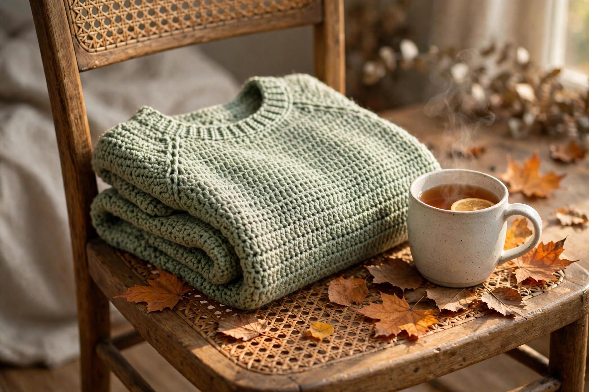 A finished handmade simple crochet sweater in sage green folded on a wooden chair with tea and autumn leaves, simple crochet sweater pattern