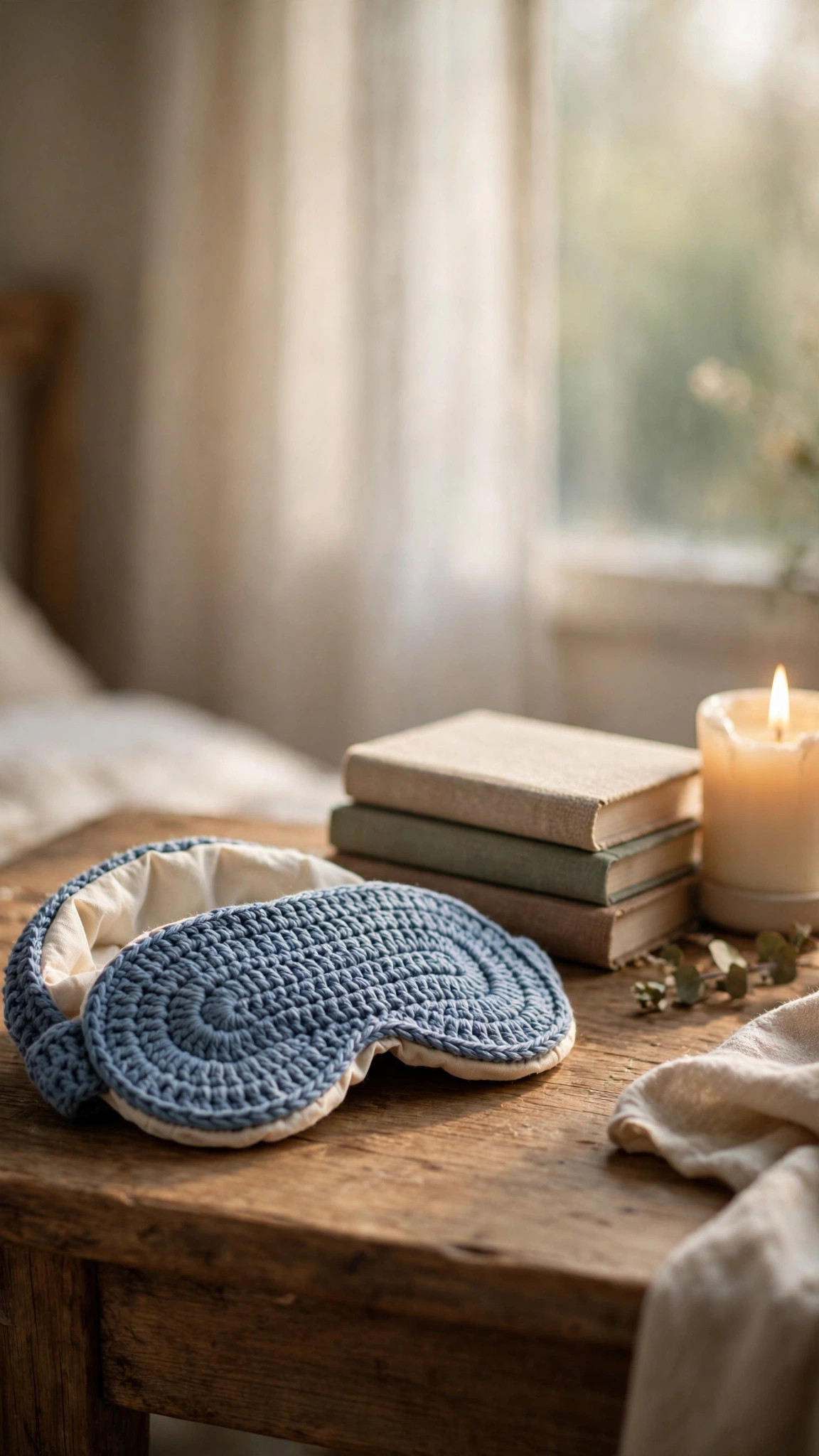 Sleep mask crochet pattern — contoured dusty blue crochet sleep mask with cotton lining and lavender sachet pocket on a bedside table