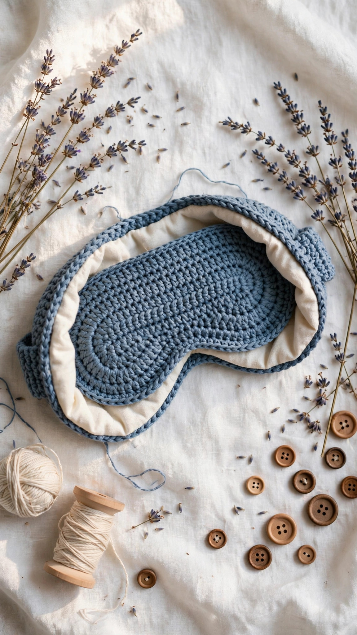 Styled flat lay of a dusty blue crochet sleep mask with dried lavender sprigs — free contoured sleep mask crochet pattern