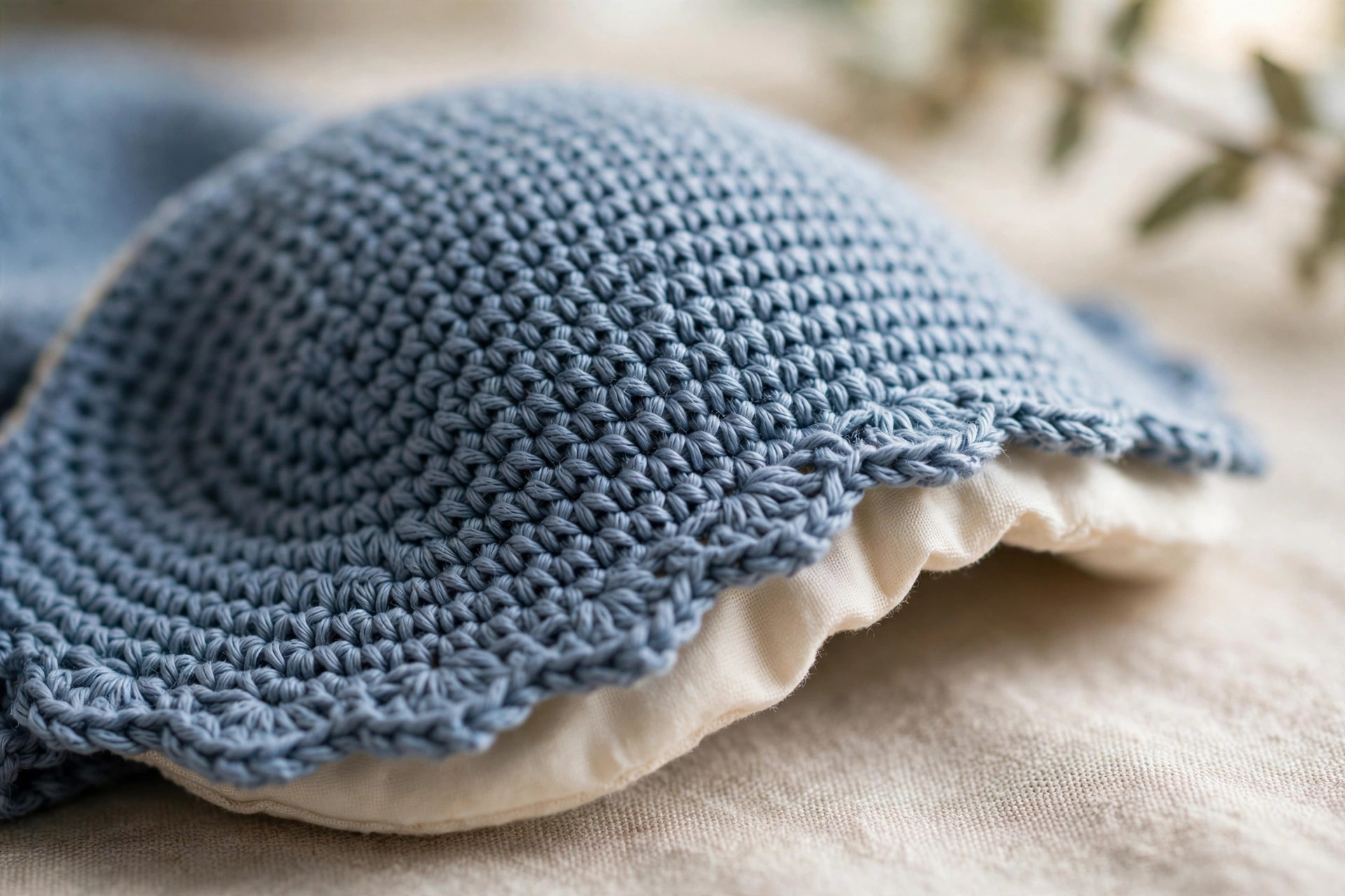 Close-up of a contoured crochet sleep mask cup showing the domed shaping and dense single-crochet stitch texture