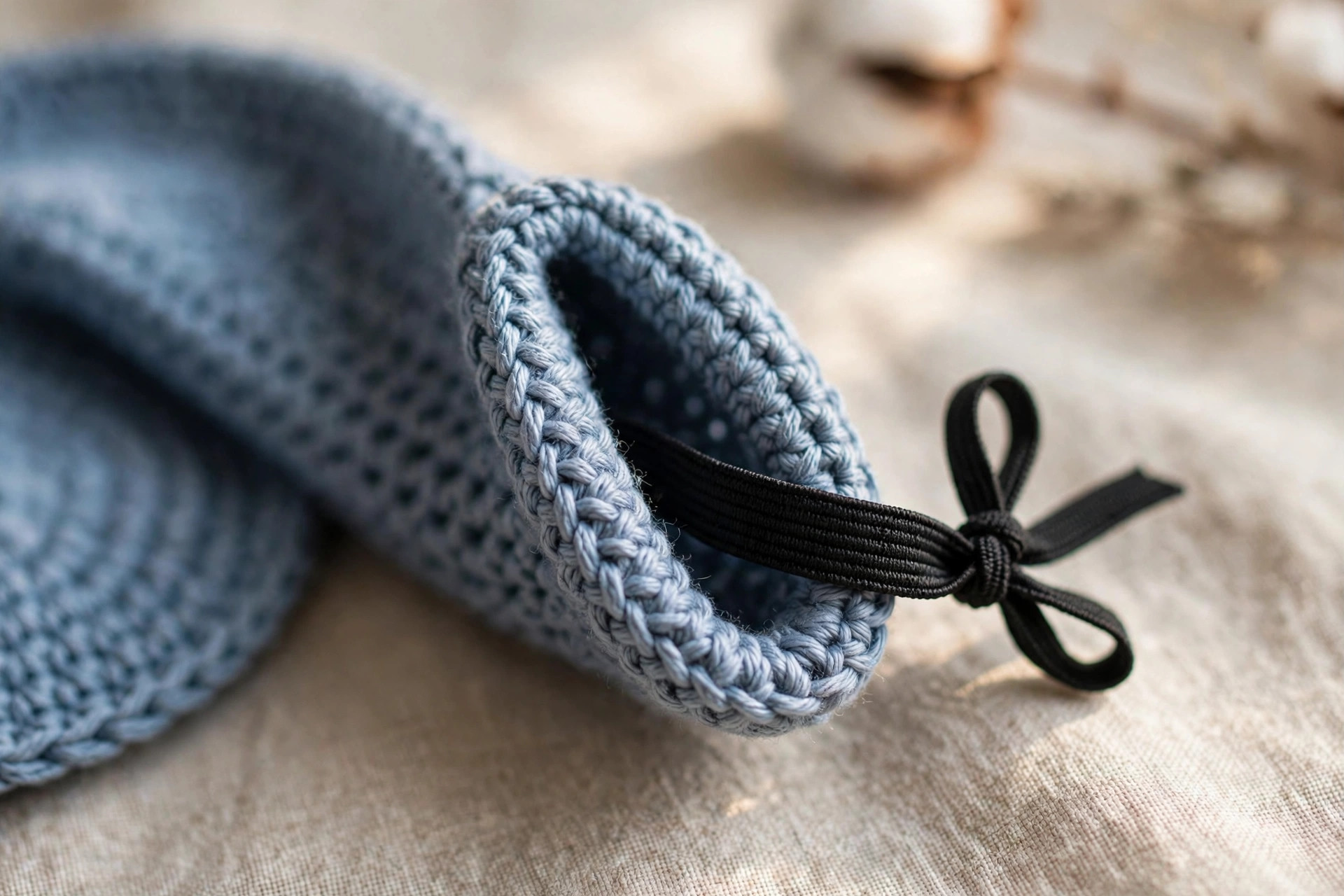 Detail of a crochet sleep mask side showing the crocheted elastic casing and strap join