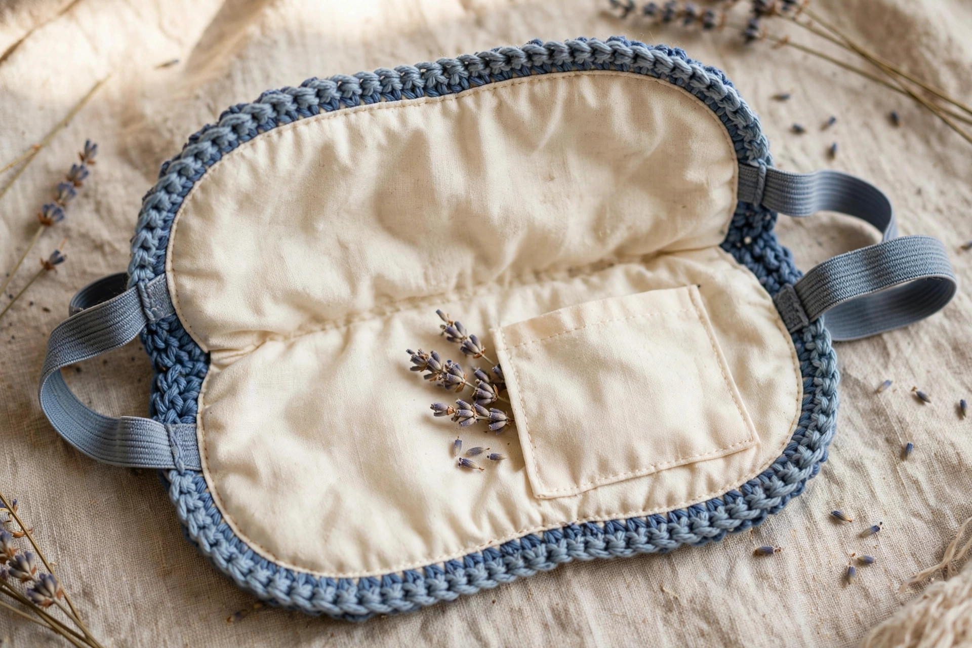 Inside view of a crochet sleep mask showing the cream cotton lining and small sachet pocket with dried lavender