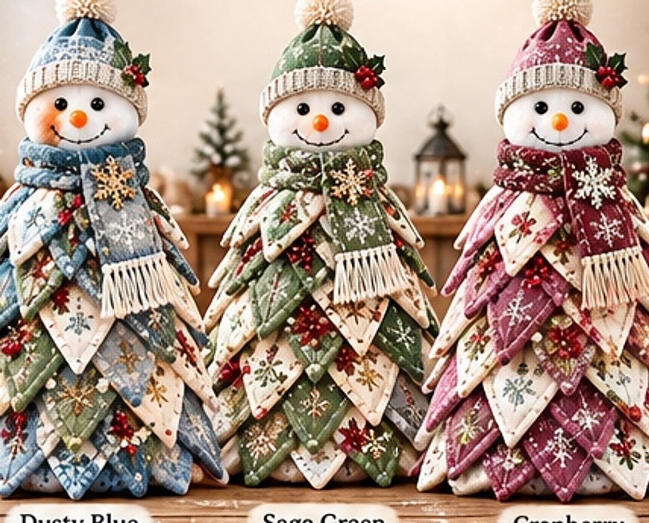 Colour variants of the patchwork snowman tree showing dusty ice blue, winter ivory and frosted sage flap combinations