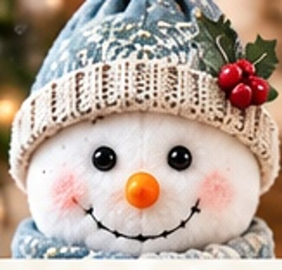 Snowman face close-up with level black bead eyes, orange felt carrot nose, stitched smile and soft blush