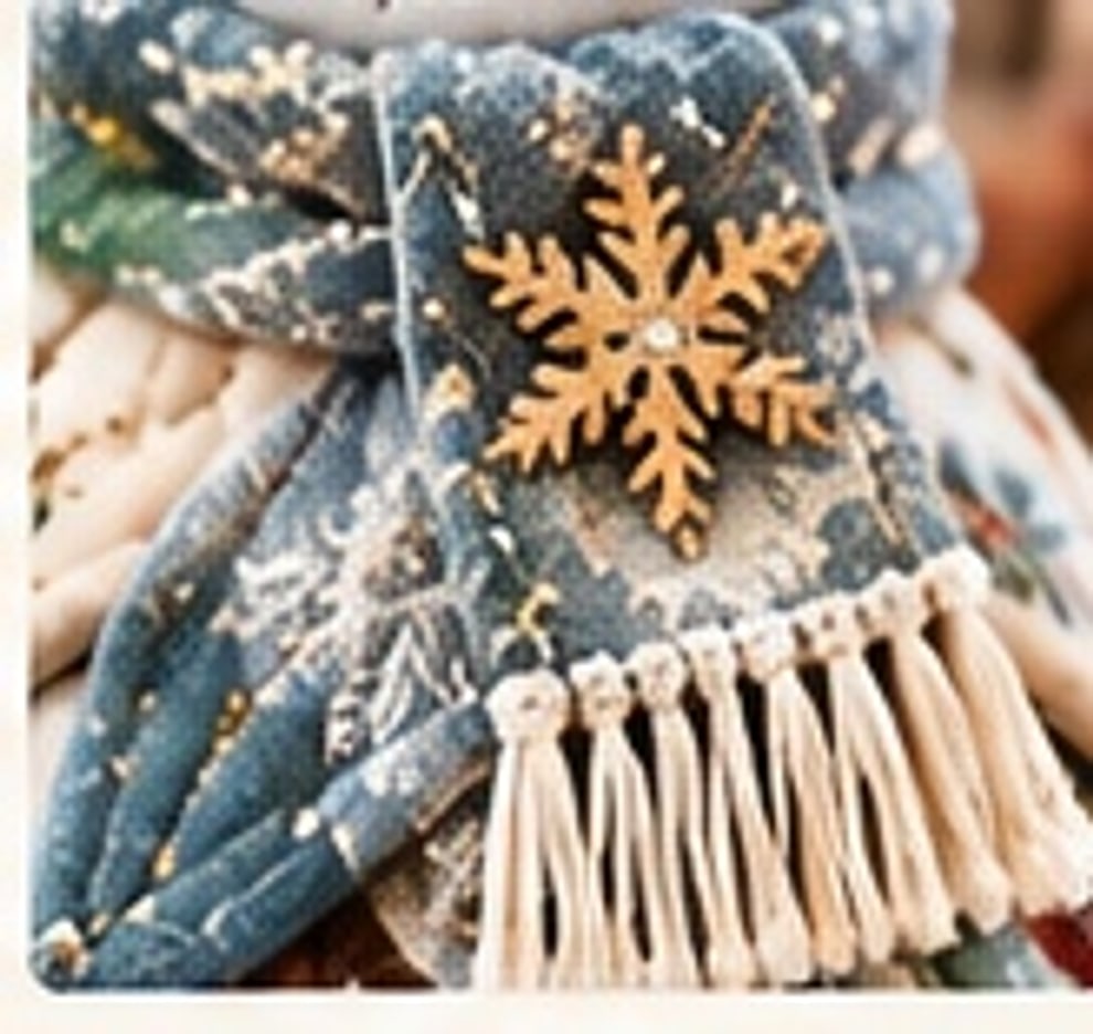 Draped snowman scarf detail in dusty ice blue with snowflake motif and soft fringe around the neck
