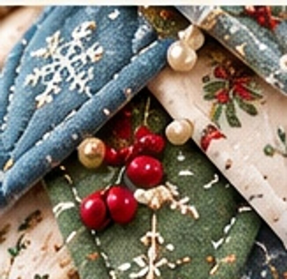 Restrained pearl and berry accents on selected quilted flaps of the patchwork snowman tree