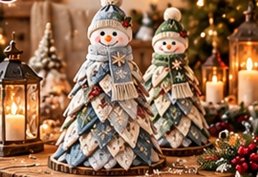 Two patchwork snowman trees styled together as winter tabletop and mantel decor with warm lights