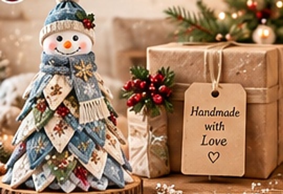 Patchwork snowman tree presented as a handmade Christmas gift with soft winter styling