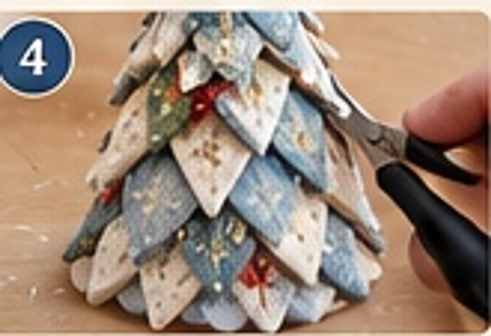 Attaching a quilted patchwork flap row to the cone body, stitching across the top so the point stays dimensional