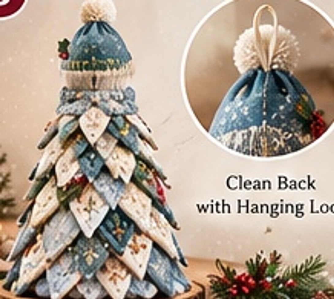Back view of the patchwork snowman tree showing neat flap rows and clean finishing from behind