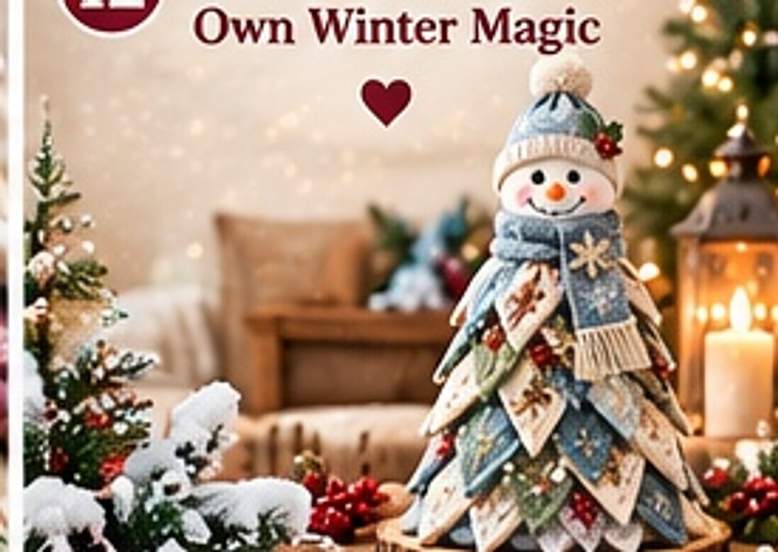 Winter lifestyle scene with the patchwork snowman tree among candles, greenery and soft Christmas lights