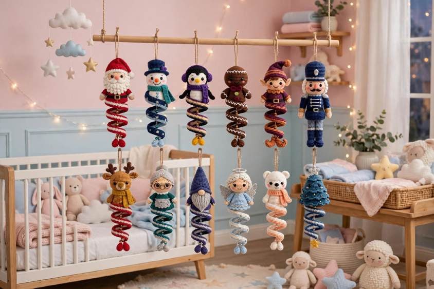 Twelve crochet Christmas spiral ornaments hanging together: Santa, snowman, penguin, gingerbread, elf, nutcracker, reindeer, winter girl, gnome, angel, polar bear and Christmas tree