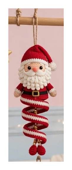 Finished Santa spiral ornament — red spiral body with white beard, red hat with white brim and pom-pom, black belt with gold buckle, and small feet