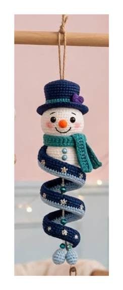 Finished Snowman spiral ornament — white head with carrot nose, navy top hat, teal scarf, and navy spiral body with light blue feet