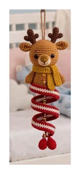 Finished Reindeer spiral ornament — warm tan head with cream muzzle, dark brown antlers, mustard scarf, and red spiral with white trim