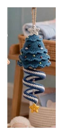 Finished Christmas Tree spiral ornament — deep teal layered tree top with gold star, embroidered ornaments, and teal spiral with a hanging star pendant