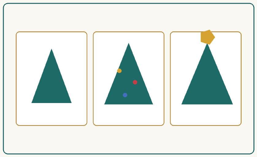 Christmas Tree step 2 — layered branch edge, gold star, and embroidered ornaments