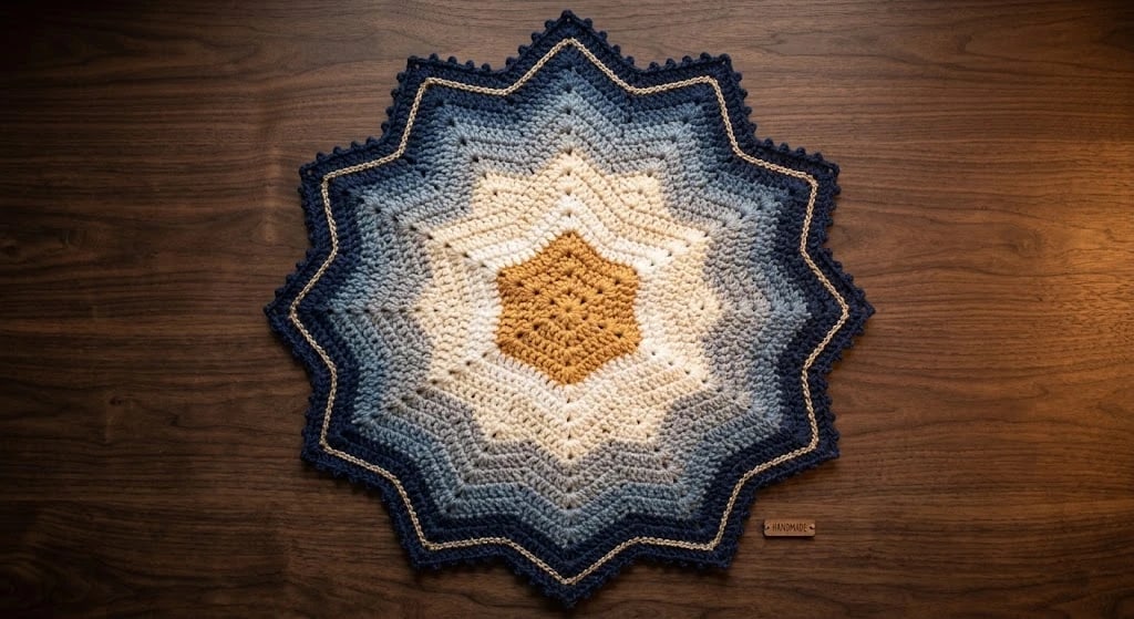 Twelve-point star blanket crochet pattern in mustard gold, cream, blue gray and navy displayed on a wooden surface