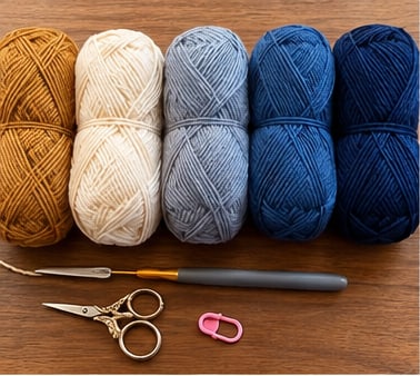 Five balls of yarn in mustard, cream, gray, blue and navy with a crochet hook, embroidery scissors and a pink stitch marker