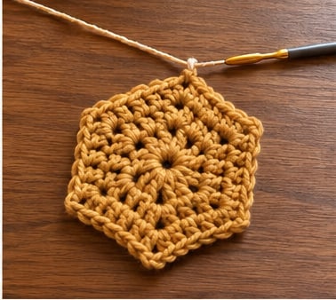 Mustard crochet centre medallion lying flat on a wooden table with the hook still attached