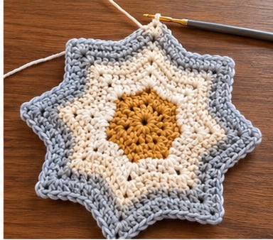 Crochet star with mustard centre, cream rays and a slate gray outer band