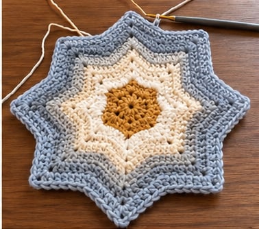 Star blanket in progress with longer slate points and the yarn still attached
