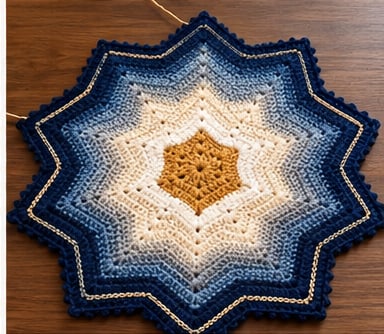 Star blanket with a deep navy border, small picot edge and a gold contour line