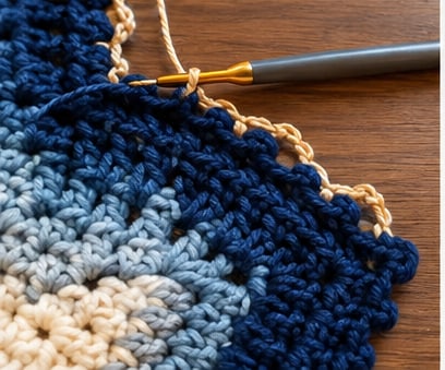 Close-up of the hook working the gold surface slip stitch line along the navy border