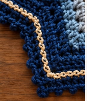 Close-up of the gold chain contour turning a star point on the navy border