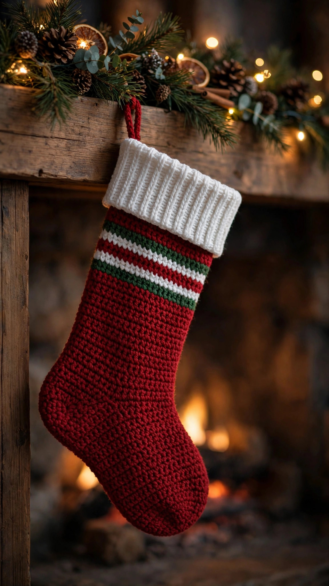 Free crochet Christmas stocking pattern — classic red and white crocheted stocking with green stripes hanging on a fireplace mantel