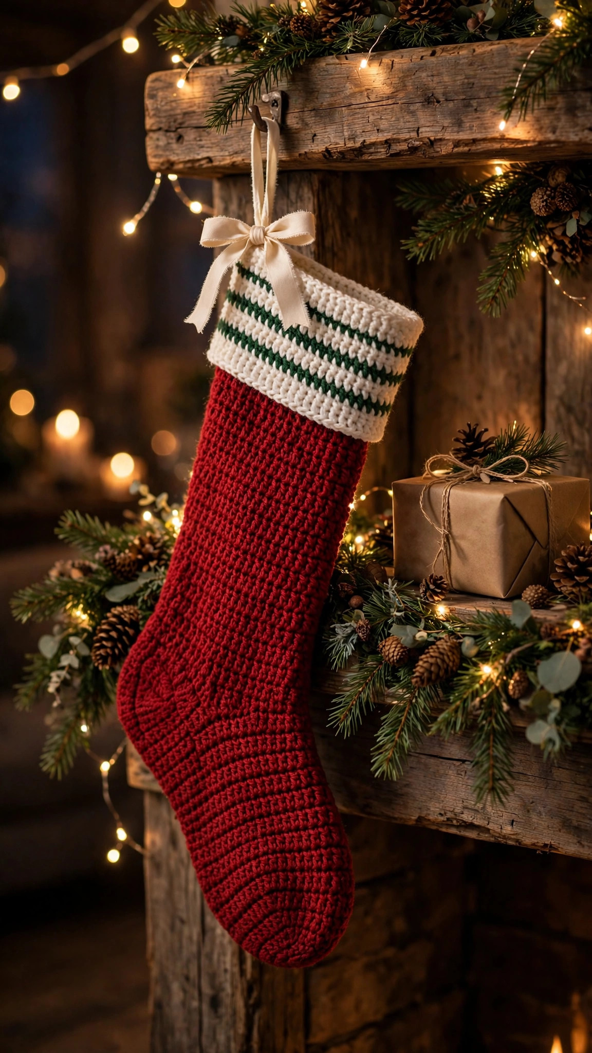 Crochet Christmas stocking pattern — red and white crocheted stocking with green stripes hanging on a decorated fireplace mantel